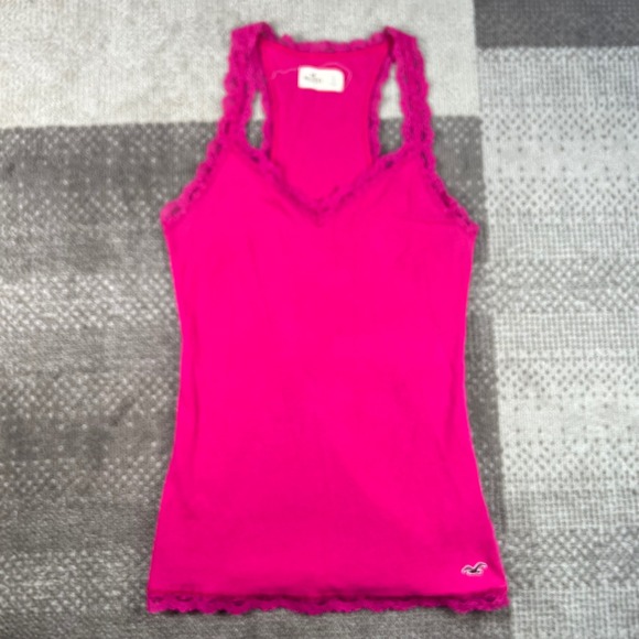 Hollister Co. Tops - Y2K Hollister Womens Hot Pink Lace Trim Racerback Tank Top Size L Ribbed